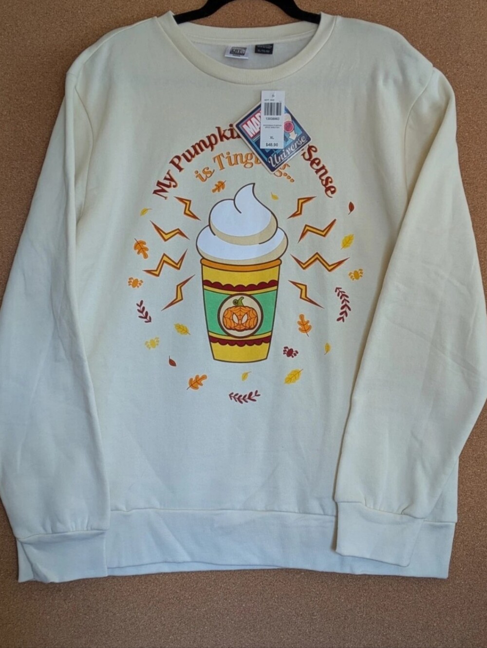 Marvel Spider-Man Pumpkin Spice Latte Women's XL Sweatshirt Beige NEW TAGS
